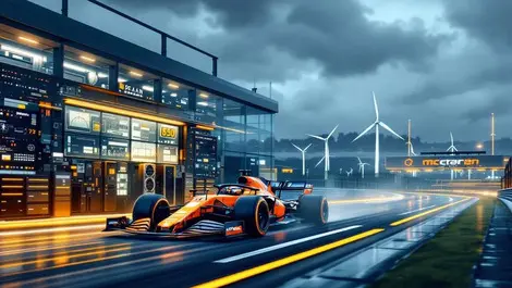Mclaren f1 papaya racing past modern clean energy control room