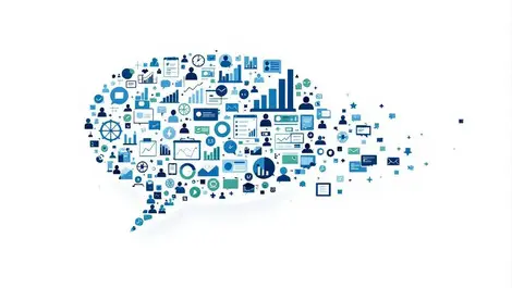 Speech bubble chat icons transforming into kpi bar charts dashboards