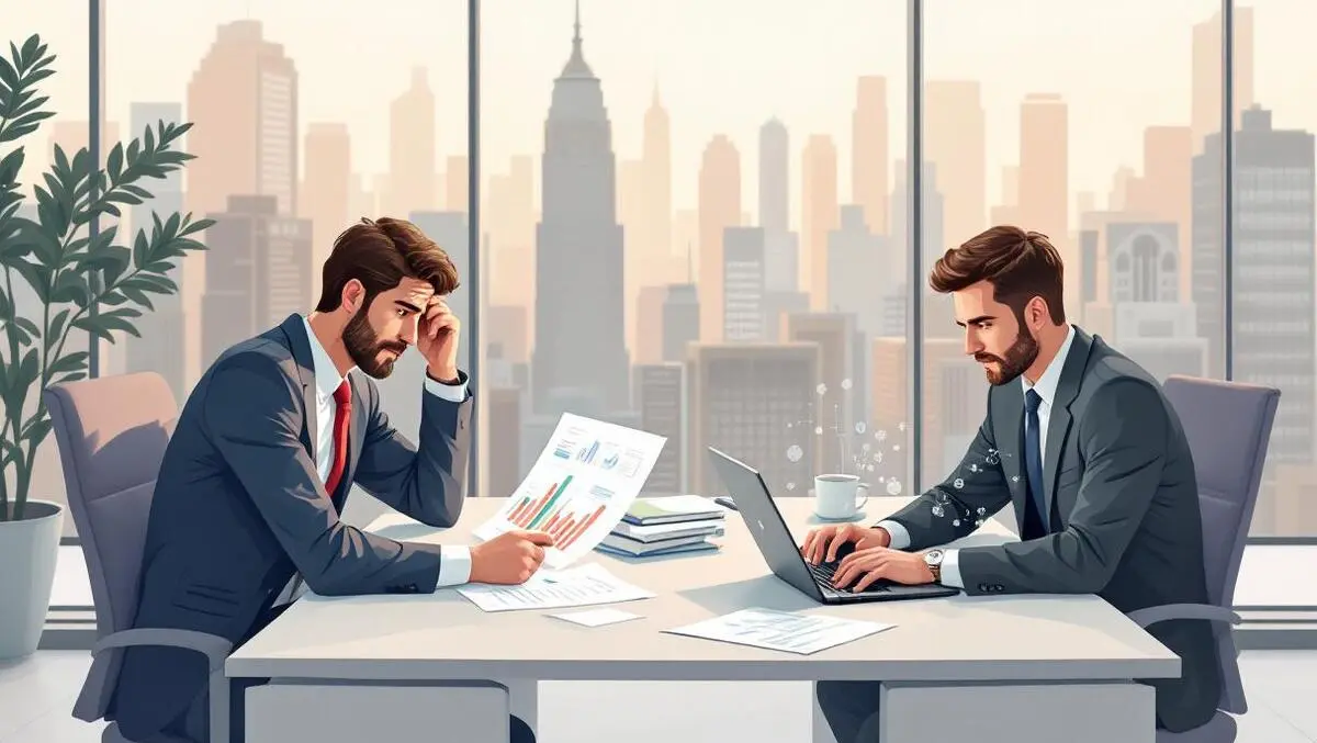 Worried consultant charts confident ai laptop modern office view