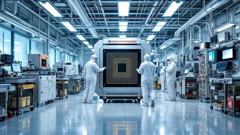 Modern semiconductor cleanroom technicians inspecting fab tools
