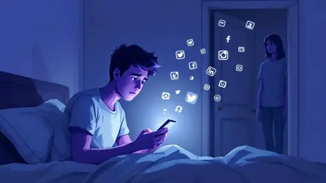 Australian teen worried in bed phone glow parent in doorway online risks