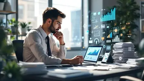 Ai transformation accountant desk laptop receipts modern office