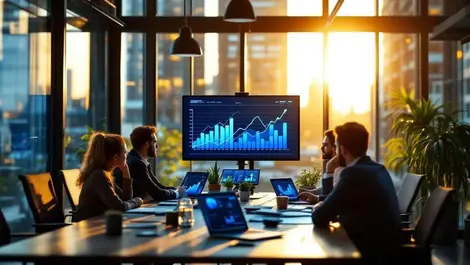 Uk corporate office meeting upward trend profit automation scene