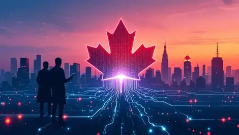 Ai cyberattack on canadian city skyline with maple leaf binary
