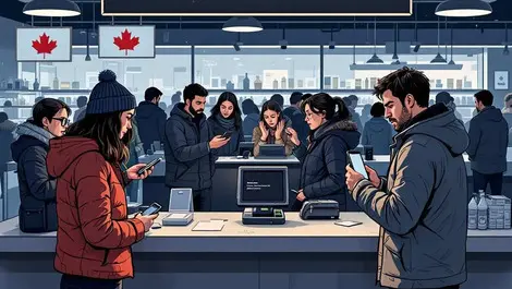 Canadian store checkout payment terminal down customers waiting anxious