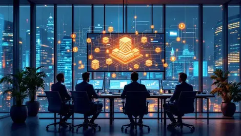 European bank office blockchain screens digital asset management