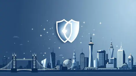 Interlocking shields unified emblem cityscape health finance