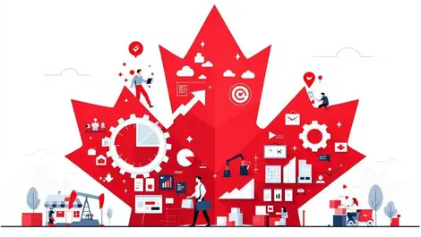 Canada economy maple leaf interlocking business icons red white editorial