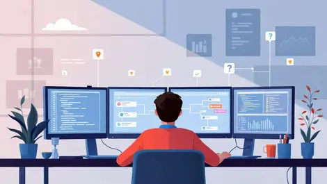 Software engineer reviewing branching dependency tree upgrade success green